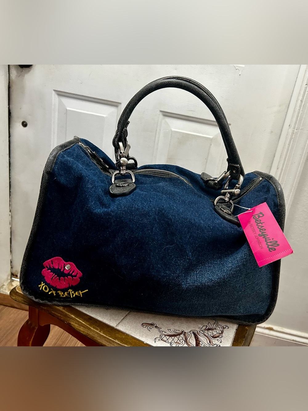 Betseyville by Betsey Johnson Dark Blue Denim Tote with Black Handles